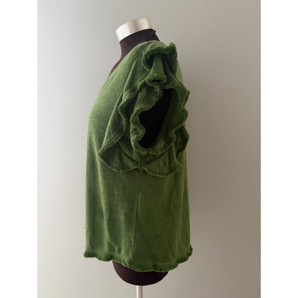 Chicos Linen Top Size M Green Ruffle Flutter Sleeve Relaxed Fringe Preppy Forest - Picture 4 of 16